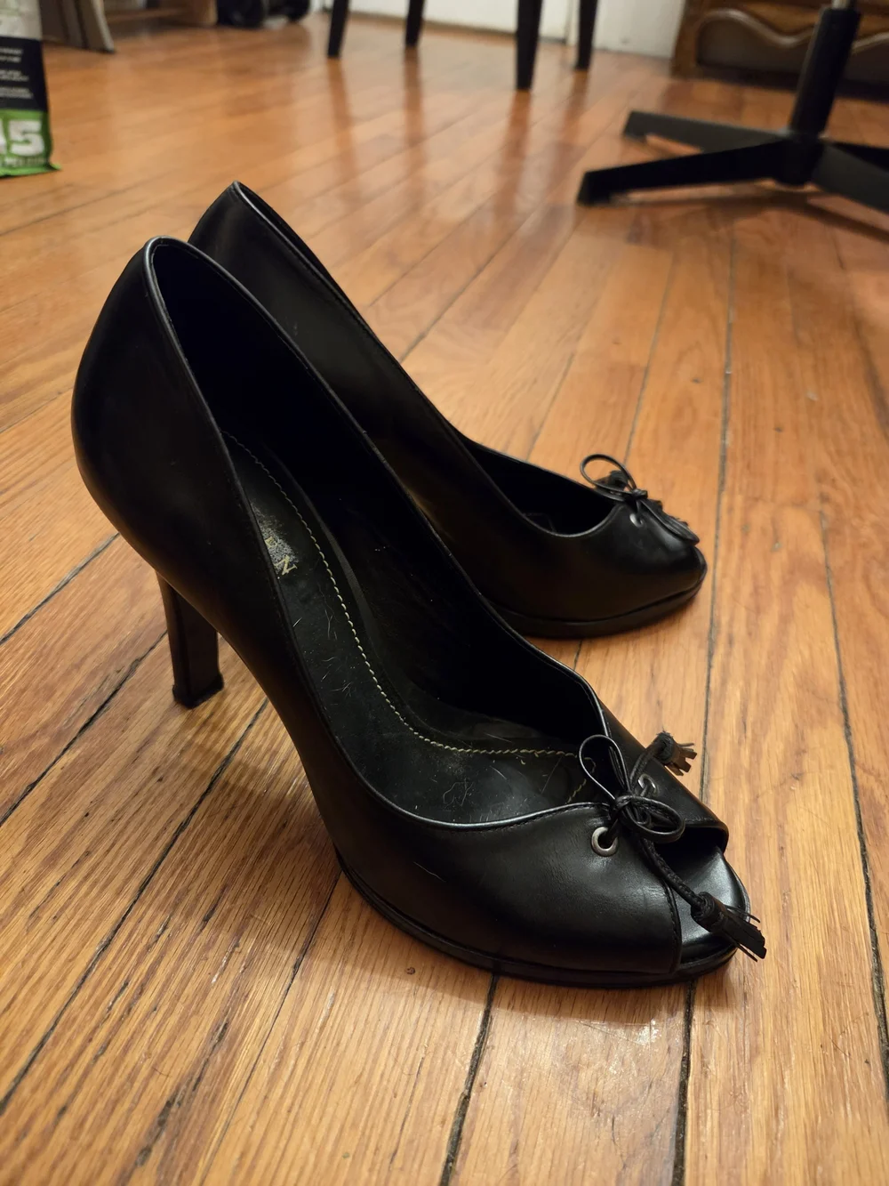 Ralph Lauren Black Leather Peep-Toe Tassel Heels